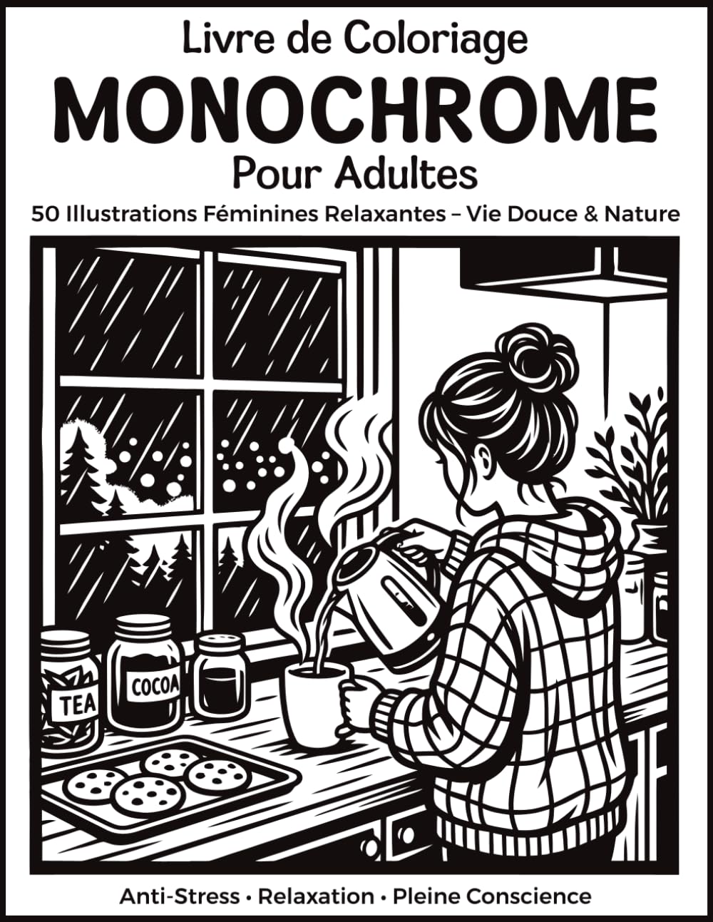 Livre de Coloriage Monochrome pour Adultes: 50 Illustrations Féminines Relaxantes en Une Seule Couleur – Moments Cosy, Vie Douce et Nature, Anti-Stress et Pleine Conscience