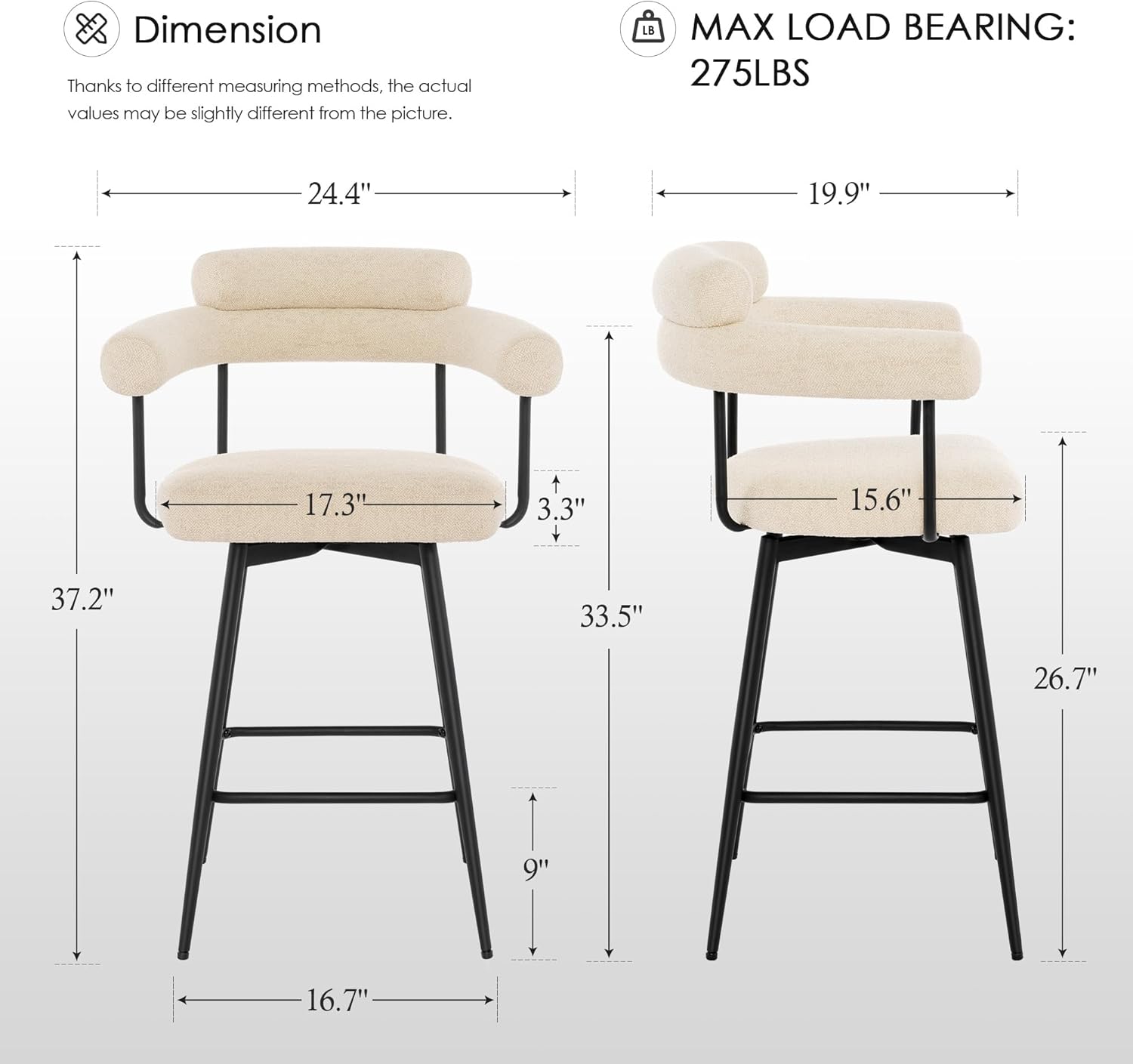 Zesthouse Swivel Counter Height Stools Set of 2, 26" Modern Barrel Bar Stools with Backs & Arm Rest, Upholstered Linen Fabric Counter Height Chairs for Island Kitchen, Metal Legs & Footrest, Beige