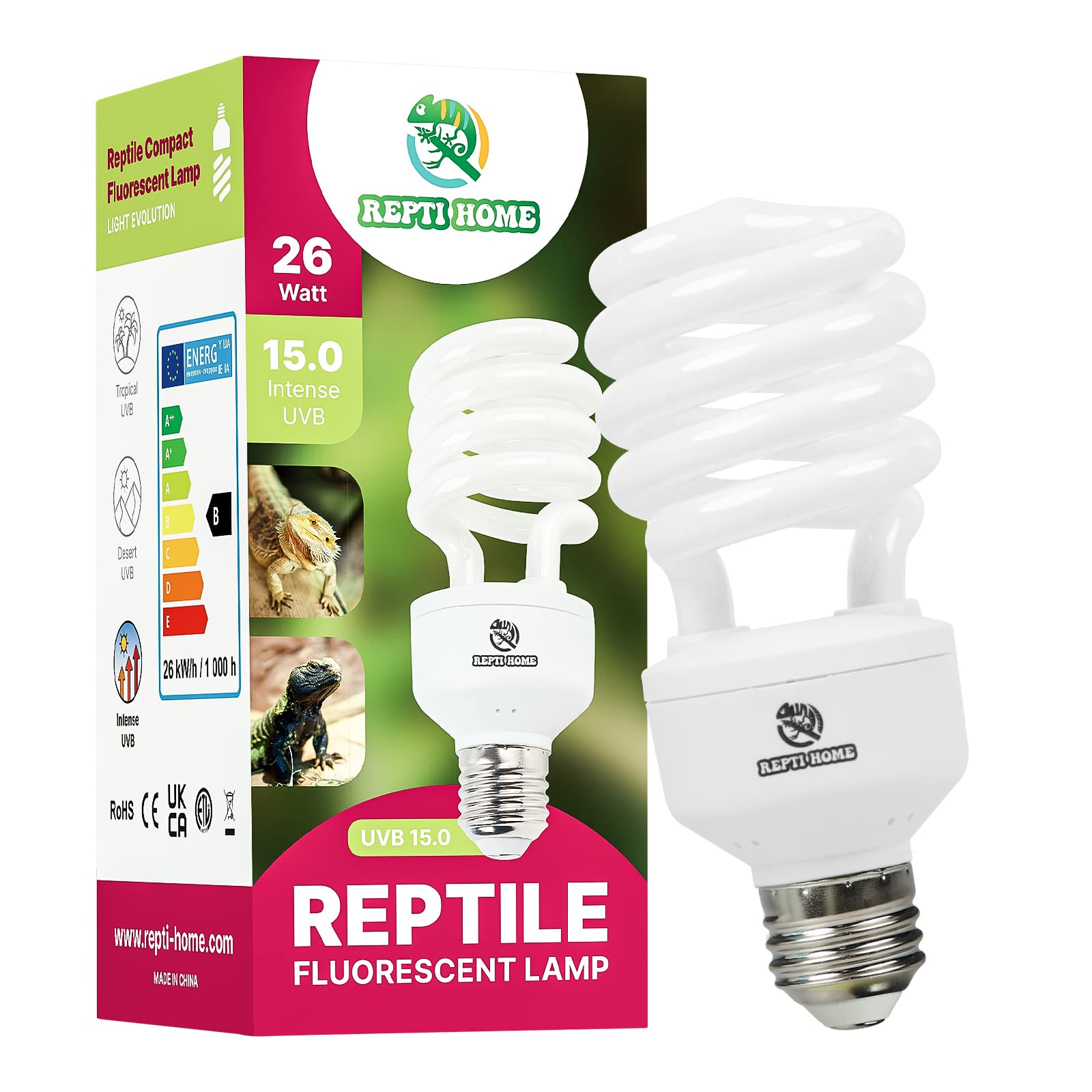 UVB Reptile Light 15.0, 26W Intense UVA UVB Bulb for Reptiles, Terrarium Compact Fluorescent Lamp, Reptile UVB Light Bulb for Desert Reptiles & Amphibians