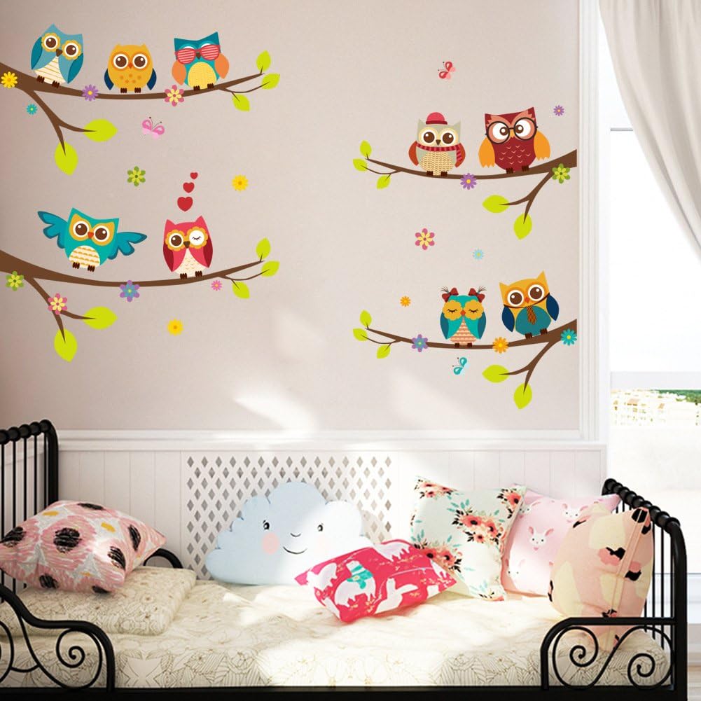 Amaonm Cartoon 9 Owls Family On Tree Branches Wall Decals, Removable Peel and Stick Wall Stickers Waterproof Cute Owl Tree Wall Art for Kids Nursery Baby Bedroom Living Room Home Decor image 4