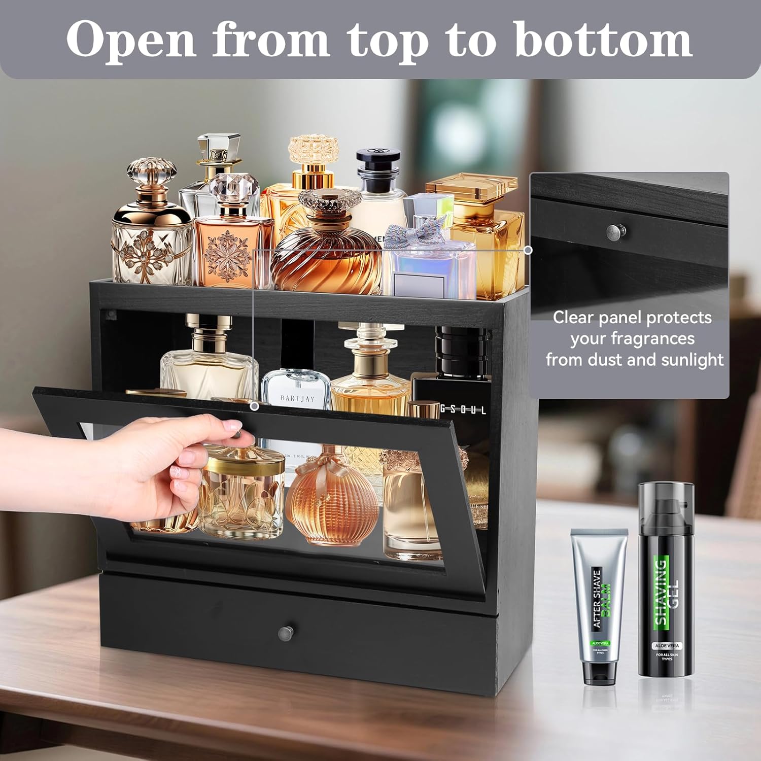 AZYM Cologne Organizer for Men,Large Capacity Wooden Perfume Display Shelf with Drawers, High-End Dustproof Storage Shelf for Cologne,Classic Black Cologne Stand,Ideal Gifts for Loved Ones.