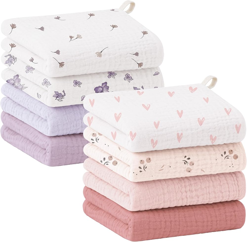 Susurration 8 Pack Muslin Baby Washcloths, 100% Cotton 10"x10" Face Towels. Burp & Wash Cloths for Baby,Baby Bath Towels for Newborn Girls&Boys,Absorbent Face Cloths,Wipes,Burp Rag(PinkPurpleOrange) — 사진 1