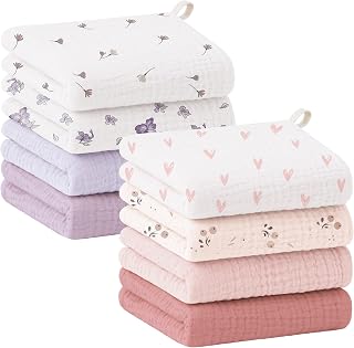 Susurration 8 Pack Muslin Baby Washcloths, 100% Cotton 10"x10" Face Towels. Burp & Wash Cloths for Baby,Baby Bath Towels for Newborn Girls&Boys,Absorbent Face Cloths,Wipes,Burp Rag(PinkPurpleOrange)