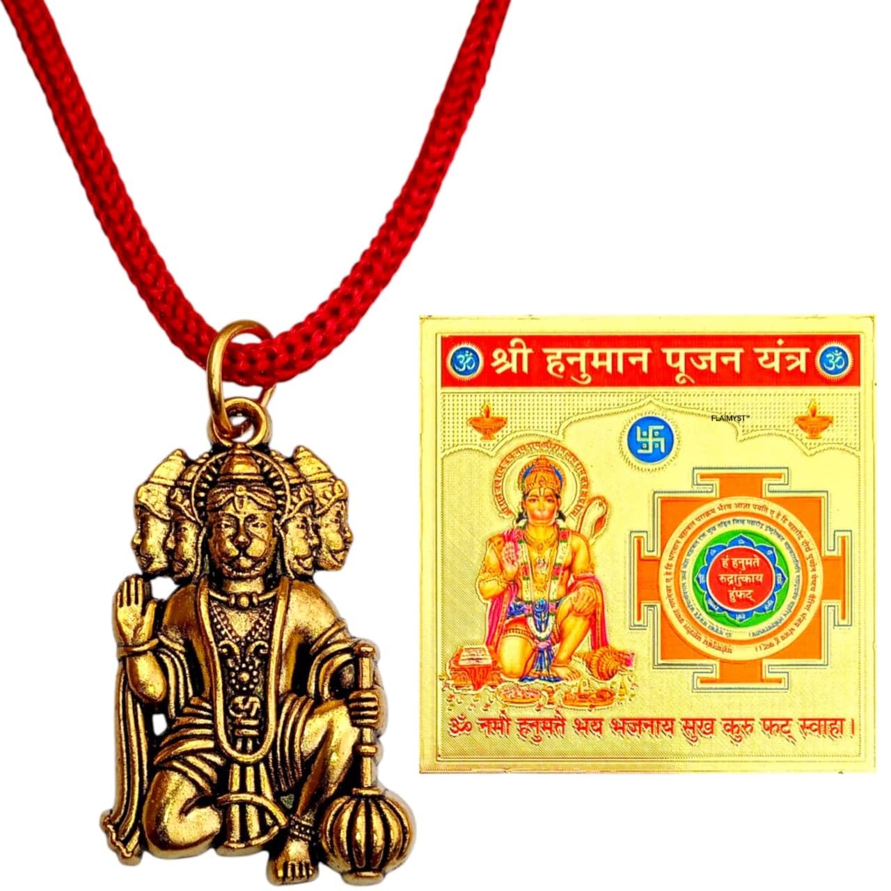 Hanuman ji Locket with Red Thread Gold Plated for Man, Woman & Kids