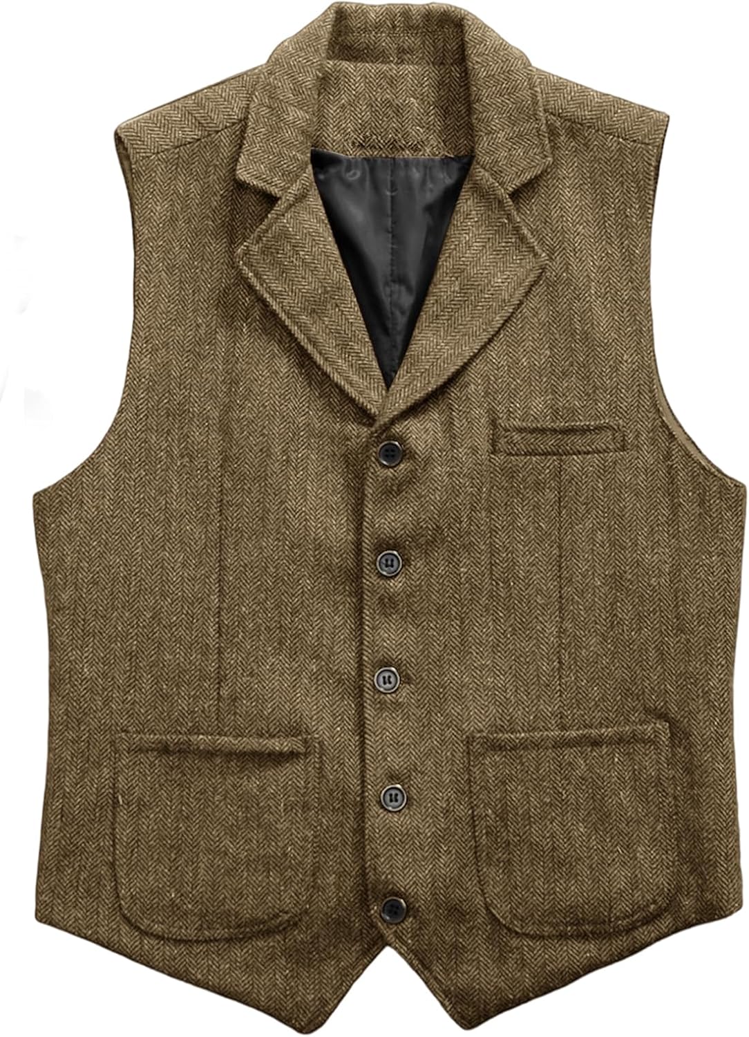Mens Suit Vest Herringbone Tweed V-Neck Sleeveless Business Waistcoat