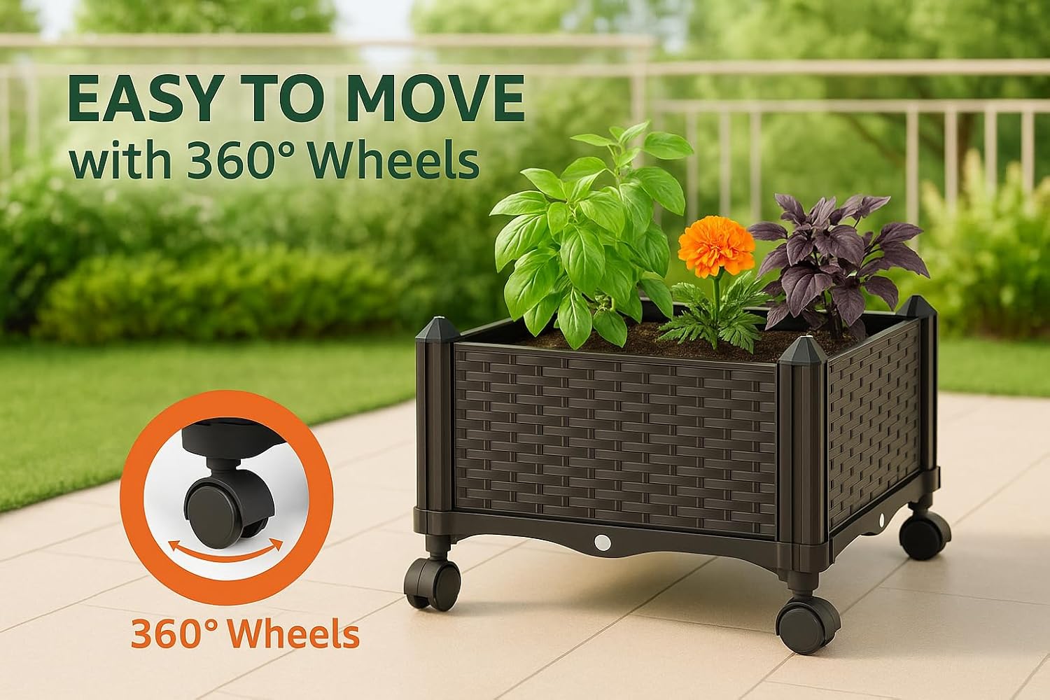 Sherbo Raised Garden Bed Planter Box on Wheels with Trellis, Rattan Style Raised Planter for Outdoor Plants, Compact Mobile Planter Box for Patio or Balcony