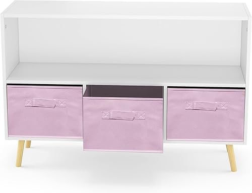 Miniatura 4 de Estantería para niños, organizador de almacenamiento de juguetes, estantería para niños con 3 cajones plegables de tela y patas de madera,