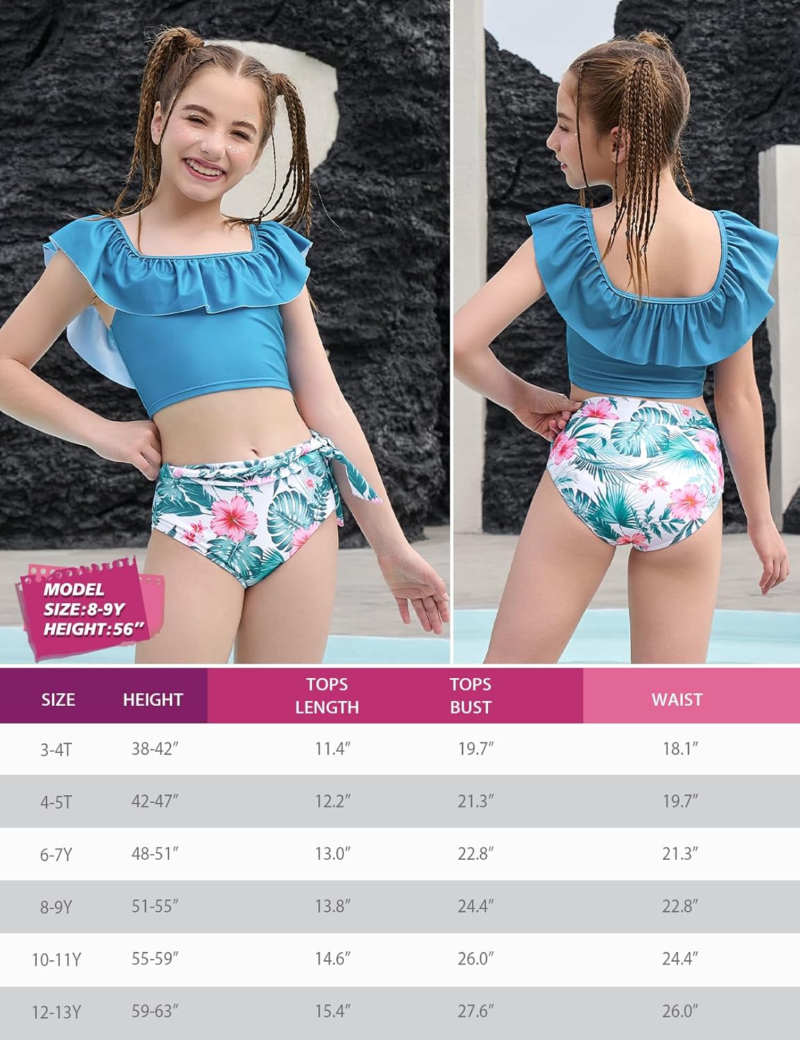 Jxstar Swimsuits for Girls 2 Piece Ruffles Neck Bikini Summer Bathing Suit with Printed Swim Shorts and Chest Pad - Image 5