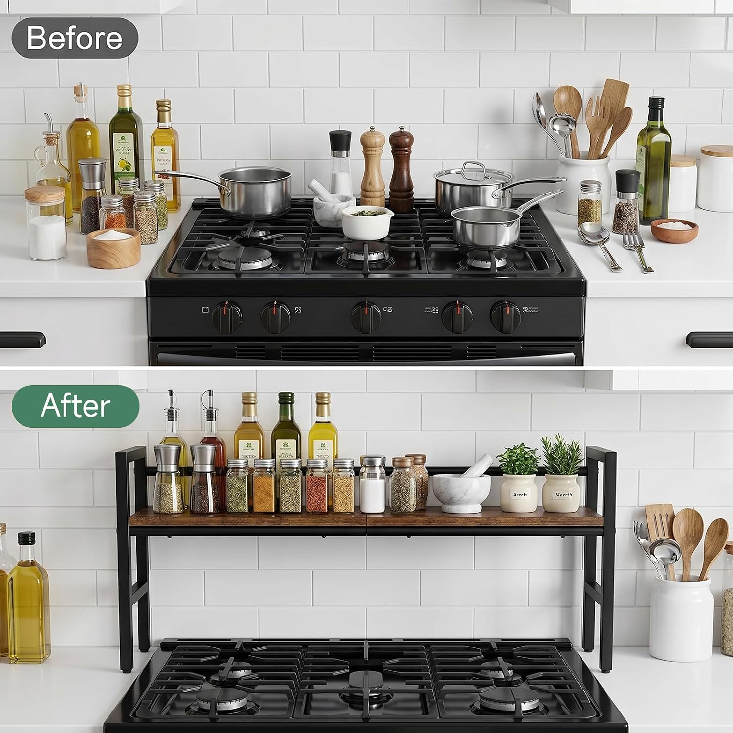 WELTOKE Spice Rack Shelf for Kitchen Stove, Over the Stove Shelf with 4 Hooks Extra Storage Countertop, Fits Various Stove Lengths, Space Saving Kitchen Counter Storage Organizer Stand