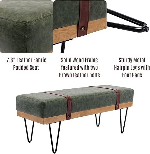 Miniatura 3 de LukeAlon Cómodo banco de entrada largo de piel sintética, acolchado para dormitorio, banco otomano moderno con dos correas y patas de horquilla de