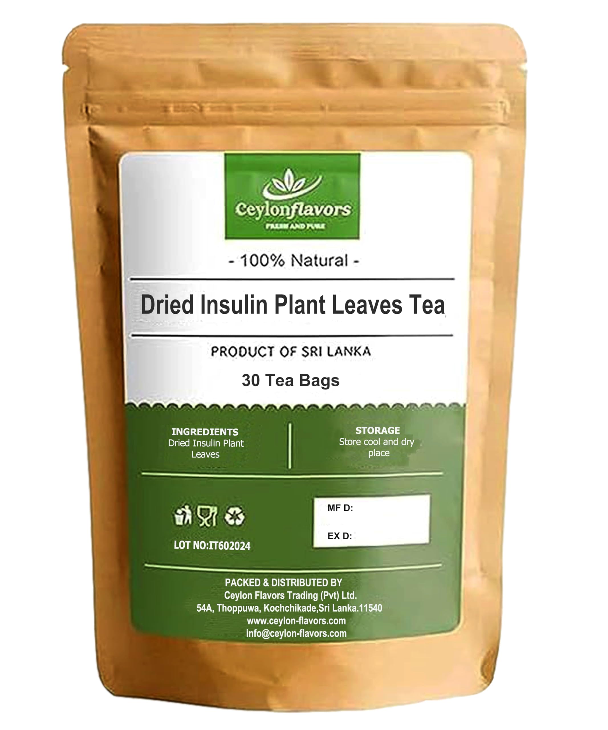 CEYLONFLAVORS FRESH AND PURE Naturally Grown Insulin Plant Leaves Tea Bags | 30 count