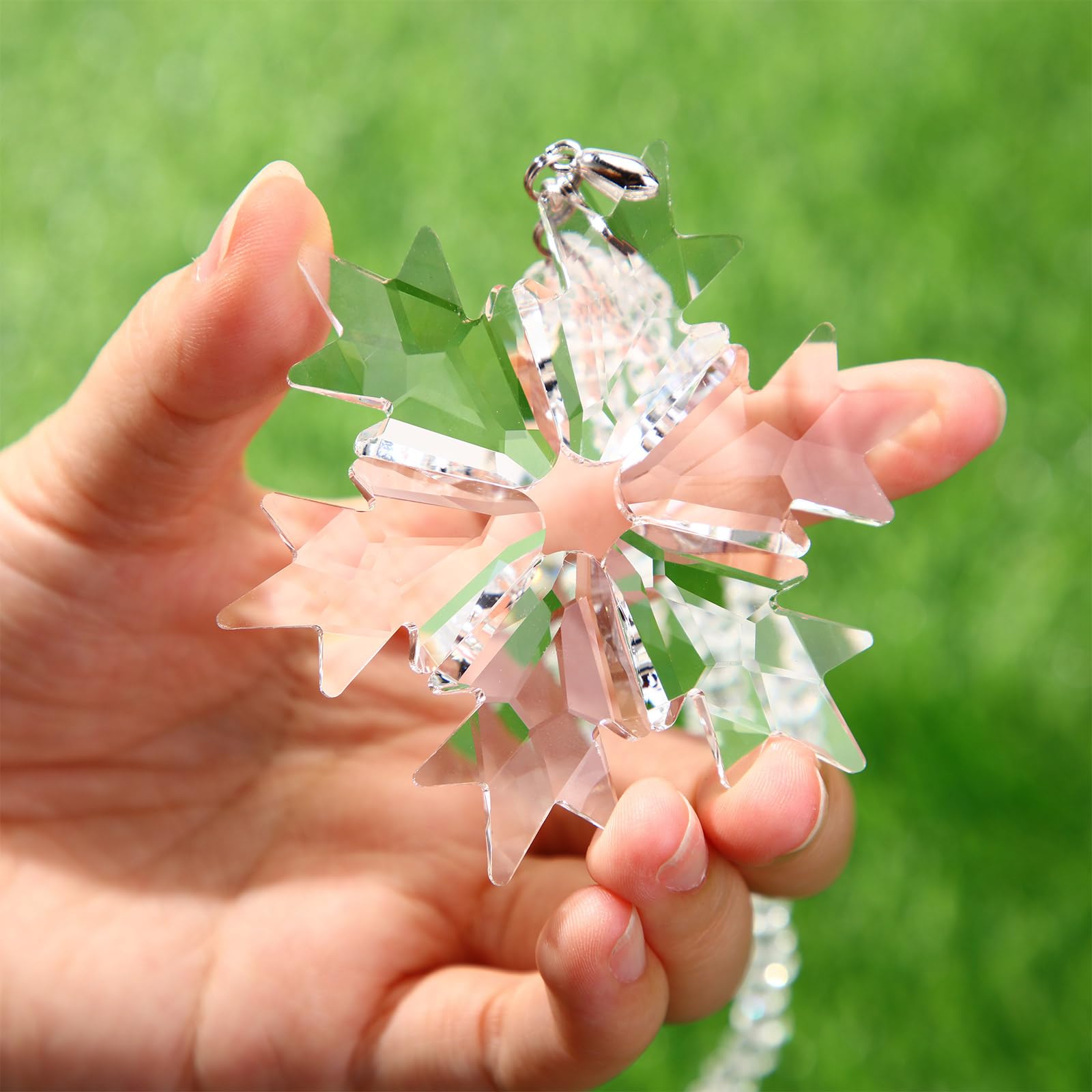 Remerry Lot de 4 décorations de Noël à suspendre en forme d'étoile et de flocon de neige en cristal transparent avec perles, chaîne, ruban et boîte cadeau pour fête de Noël (transparent)