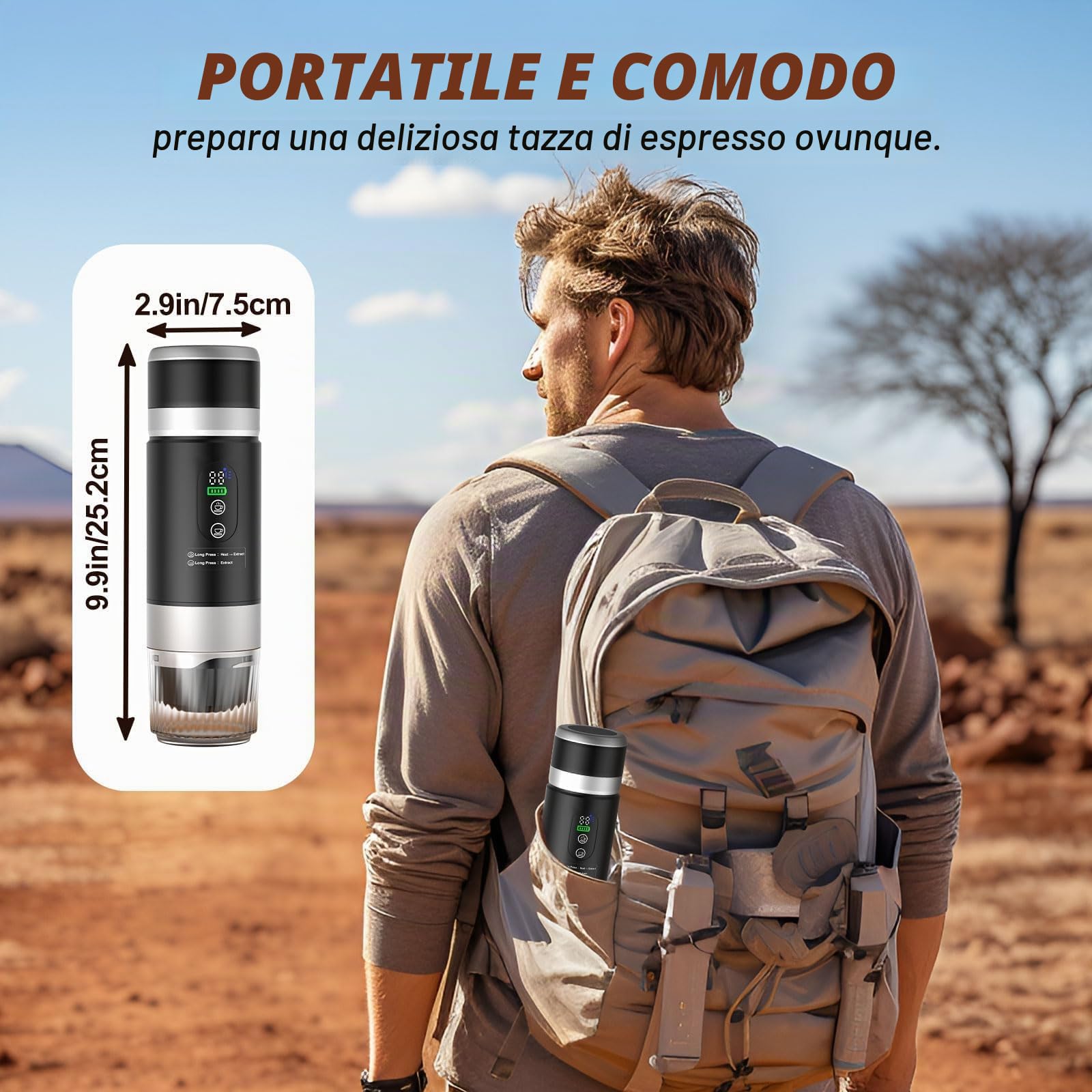 Macchina da Caffè Espresso Elettrica Portatile, Caffettiera Portatile 3-in-1 con batteria 2 x 7500 mAh, 20 Bar, con USB-C, Compatibile con Piccole Capsule, Grandi Capsule, Caffe Macinato