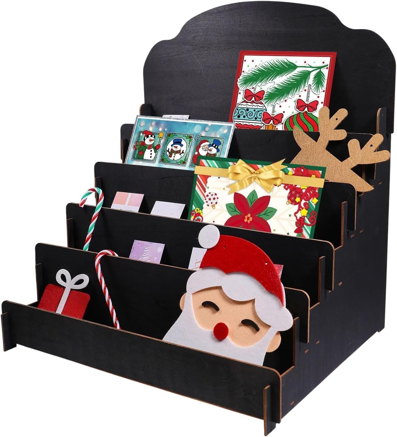 GLOBLELAND 5-Tier Large Wooden Greeting Card Display Stand Black Portable Card Display Rack Card Organizer Rack for Vendors Postcards Brochure Photos Sticker Retail Sticker Bookmark 15.7x13x17.7 inch