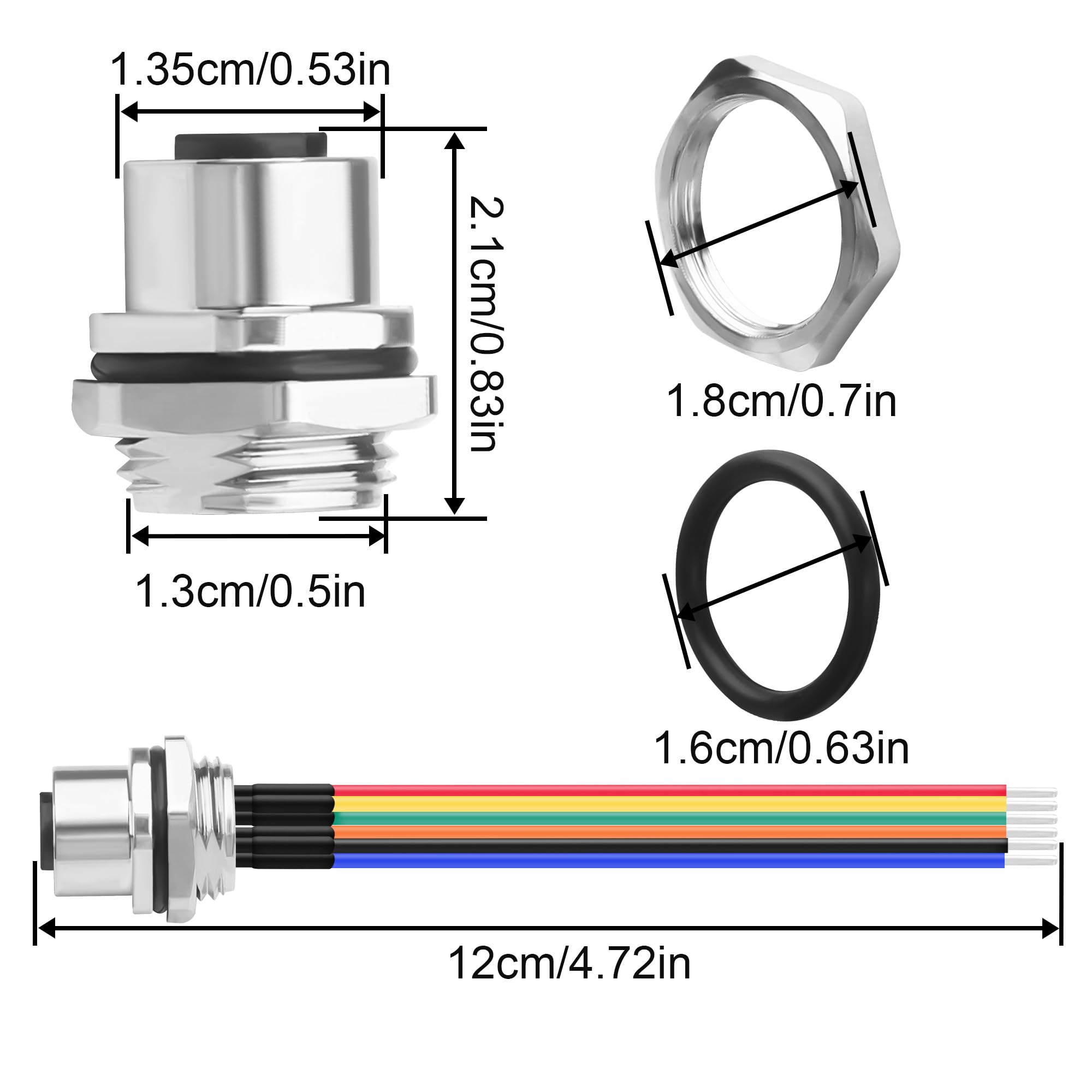 M12 6-poliger Buchsenstecker-Kabel, A-codiert IP67 wasserdichter Luftfahrt-Pin zu blankem Draht, 22AWG verzinnter Kupfersensor-Kabel für PCB-Platine 12CM/4,72 Zoll 2 Stück