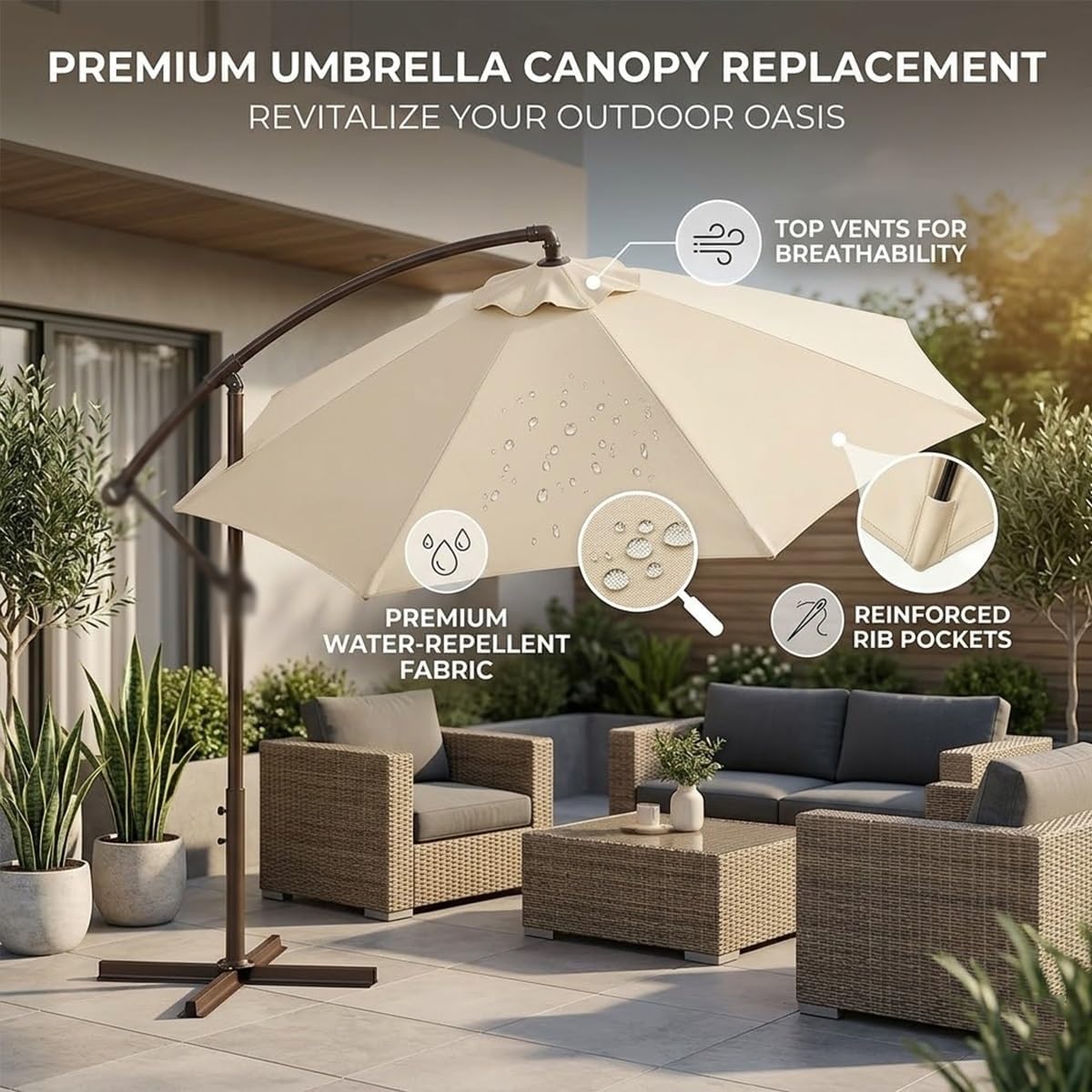 Umbrella Replacement Canopy 9ft 10ft 11ft, Fade Resistant Patio Umbrella Fabric Cover, Waterproof Shade Top for Outdoor Garden Backyard Pool(White,13.1ft/8 Ribs)