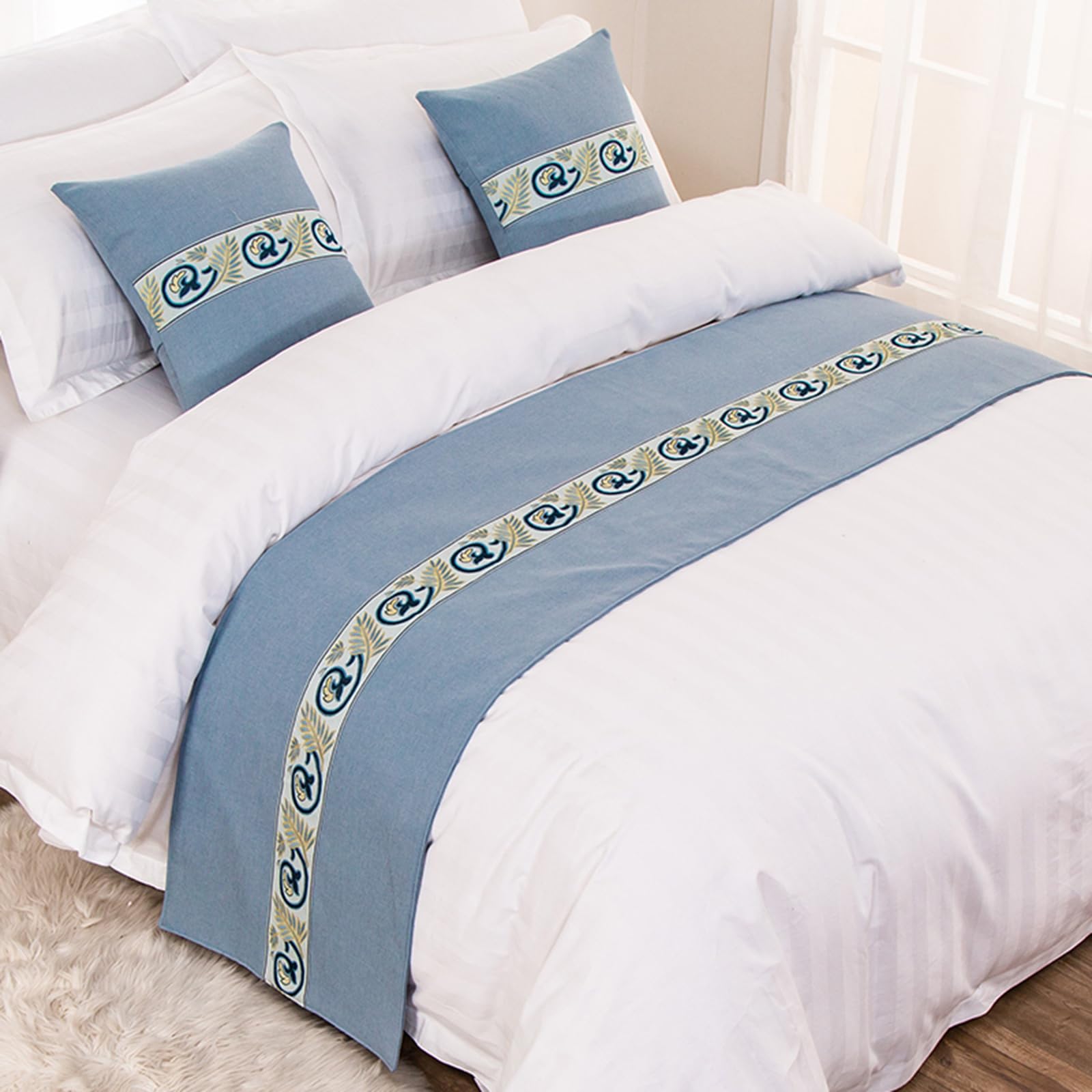 QRGMKL Graphic Print Bed Runners King Size, Luxury Bed Scarf Double Bedspread for Bedroom Hotel Home Decoration-Sky Blue||240X50cm for 1.8m Bed