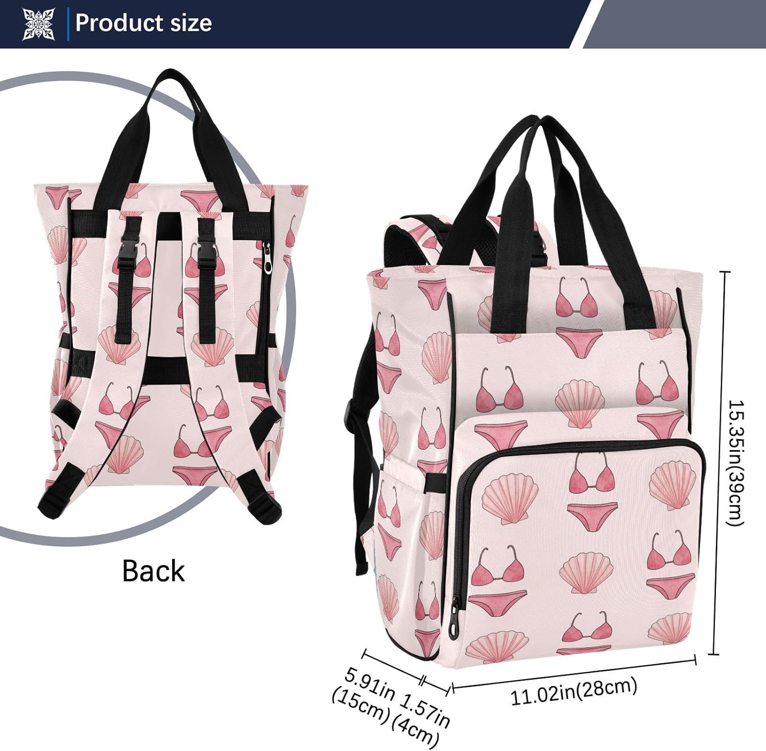 SPRIPORT Shell Bikini Pink Pattern Diaper Bag Backpack for Baby Boys Girls Multifunction Baby Essentials Travel Tote with Stroller Straps & Bottle Storage Nappy Changing Bag for Moms Dads Baby Gifts