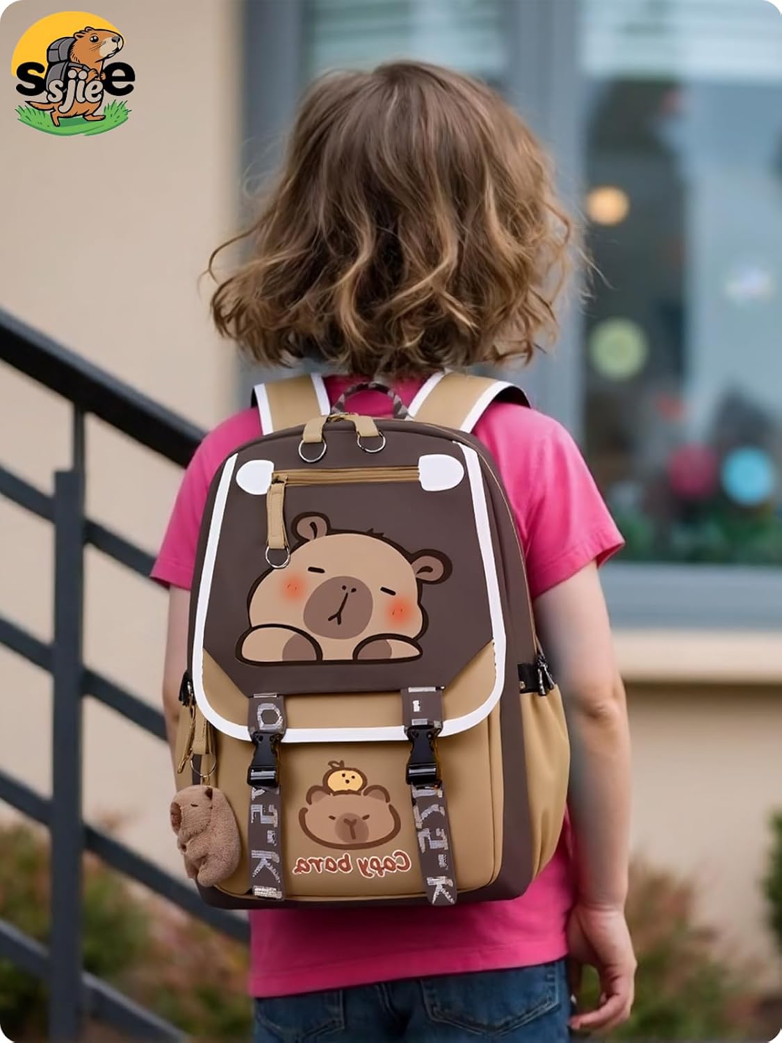 Waterproof Capybara Backpack，Large-capacity Kawaii capybara bag with 11-Piece Accessories (Badges, Pendants, Plush capybara, Stickers and others)