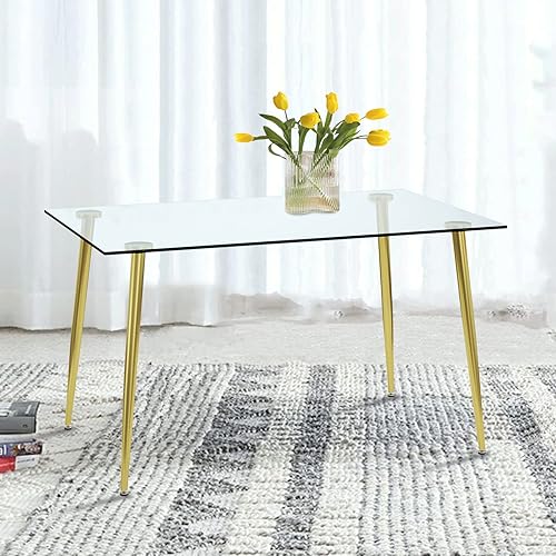 Mesa de comedor de cristal, mesa rectangular moderna de 51 pulgadas con amplia mesa de vidrio templado y patas de mesa chapadas en oro, mesa de