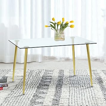Ebullient 51" Rectangular Glass Dining Table for 4-6 -|Mid Century Modern |with Tempered Glass Tabletop|Gold Plated Legs|Space Saving|Dinner Table |for Kitchen |Apartment|Home Office|Easy Assembly