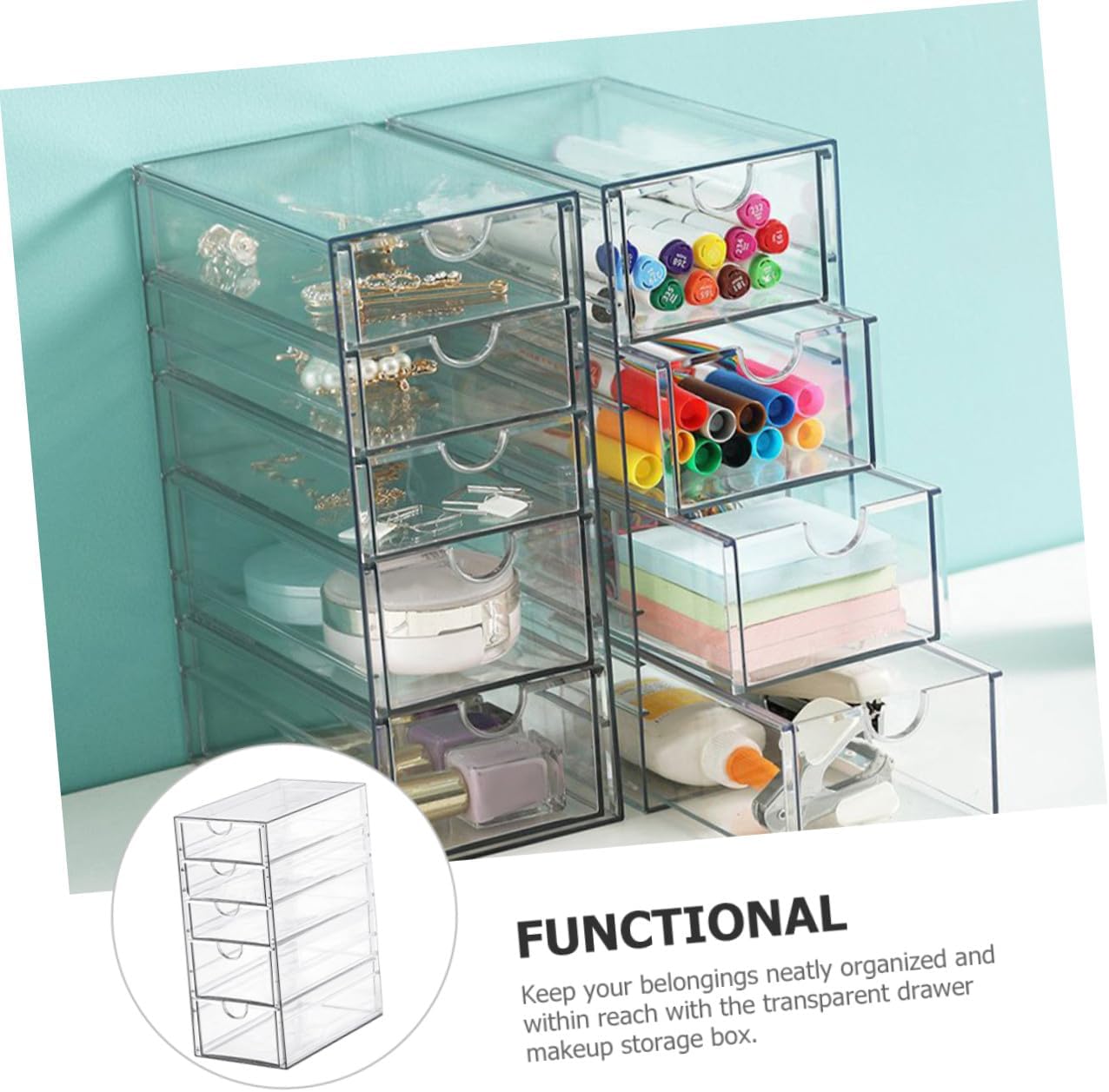 Transparent Drawer Type Storage Case Desktop Organizer Box for Makeup Jewelry Stationery Plastic Multi-compartment Storage Container for Office School Home Sundries