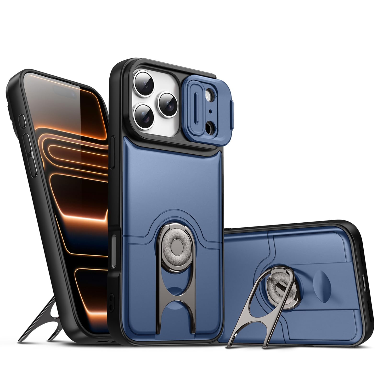 MFAOSHI Slim Case for iPhone 17 Pro Max/17 Pro/17 Air/17, All-inclusive Lens Protection Shockproof Case with Swivel Metal Stand Cover,Blue,17 ProMax