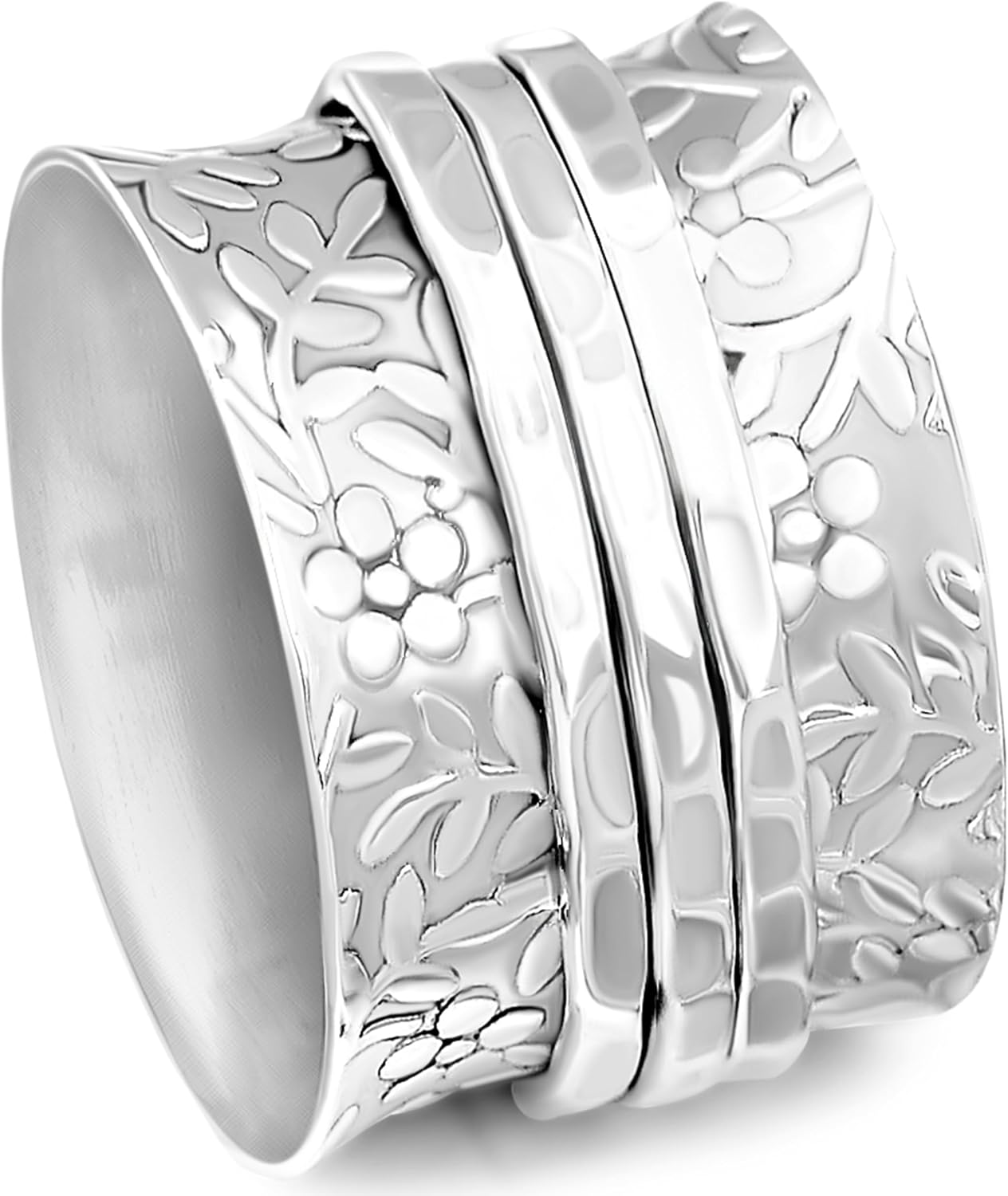 Boho-Magic Sterling Silver Spinner Ring for Women Wide Band 925 Silver Fidget Ring with Three Smooth Spinning Bands Meditation Style Boho Jewelry Gift for Everyday Comfort