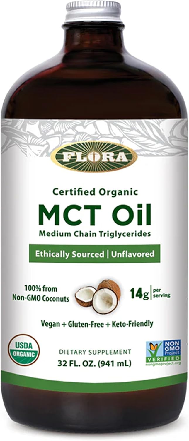 Flora - MCT Oil Certified Organic - Supports Muscle Energy & Brain Health - Contains C8 Caprylic Acid & C10 Capric Acid - Non-GMO, Gluten-Free, Vegan & Keto-Friendly - 32 fl. oz. Glass Bottle