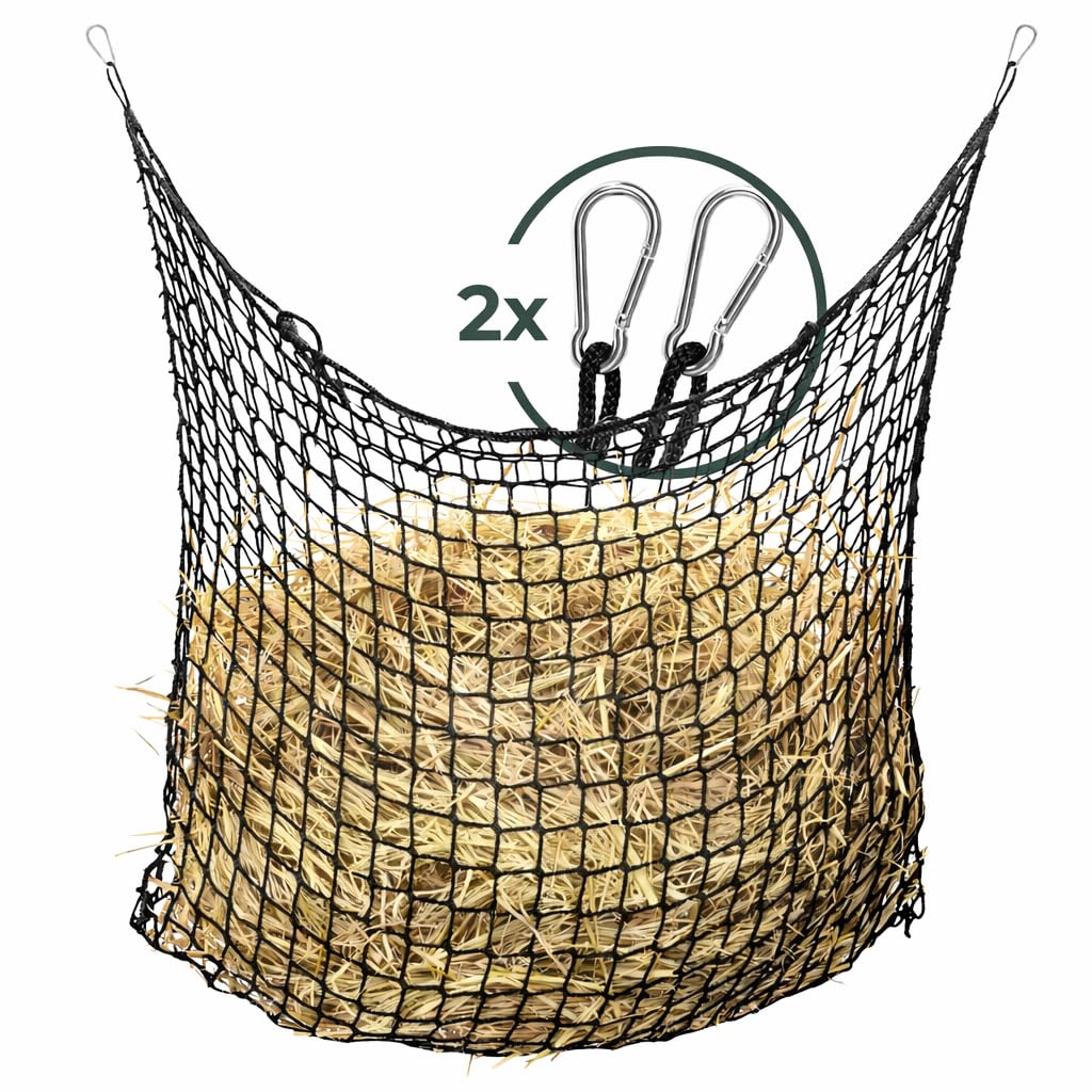 Flori's Filet à foin pour chevaux - Grand sac à foin pour chevaux - 90 × 120 cm - Maille étroite 4,5 cm - Filet à foin avec mousqueton - Environ 9 kg de foin - Slow Feeder