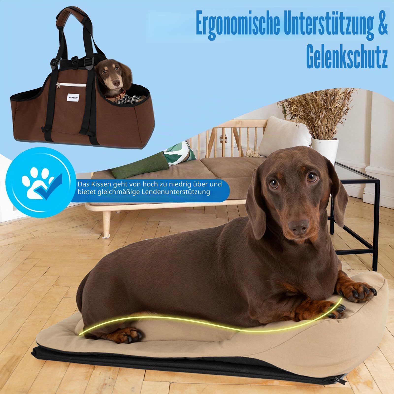 Tragbare Hundetasche, Nylon, leicht, wasserabweisend, Dackel-Haustier-Tragetasche, Lange Hundetasche, bis zu 8 kg, mit U-förmiger Öffnung und Anti-Ausbruch-Clip (Braunheit)
