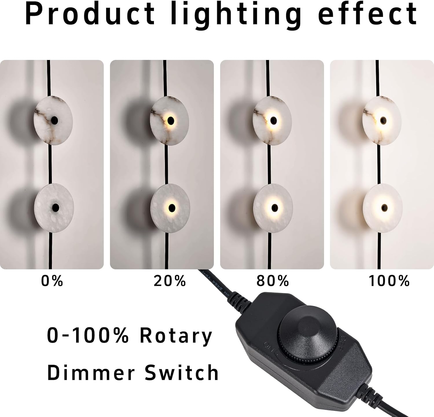 Alabaster Wall Sconce,8W Round Natural Marble Plug in Wall Sconce Lamp Cord with Knob Dimmer Switch, Indoor LED Modern Wall Lamp for Bedroom, Stairs, Living Room, Bedside, Hallway (Black)