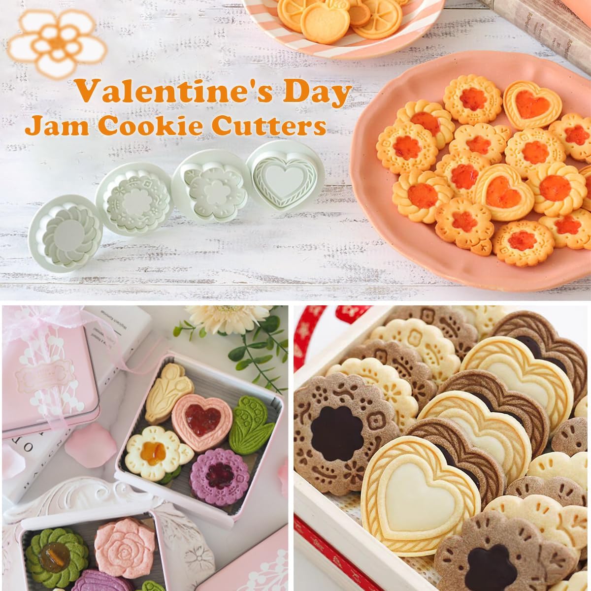 Jam Cookie Cutters Set of 4, Thumbprint Pop-Out Valentine's Day Cookie Cutters, Flower Heart Cookie Mold for Anniversary, Birthday, Engagement and Valentines' Day, Wedding - Image 4