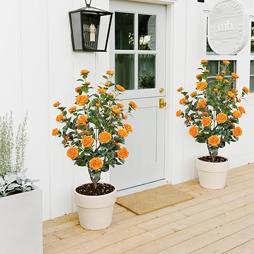Miniatura 5 de MHMJON Árbol artificial de camelia de 45 pulgadas3.7 pies con 32 flores naranjas florecientes, pequeño árbol de imitación grande en maceta para