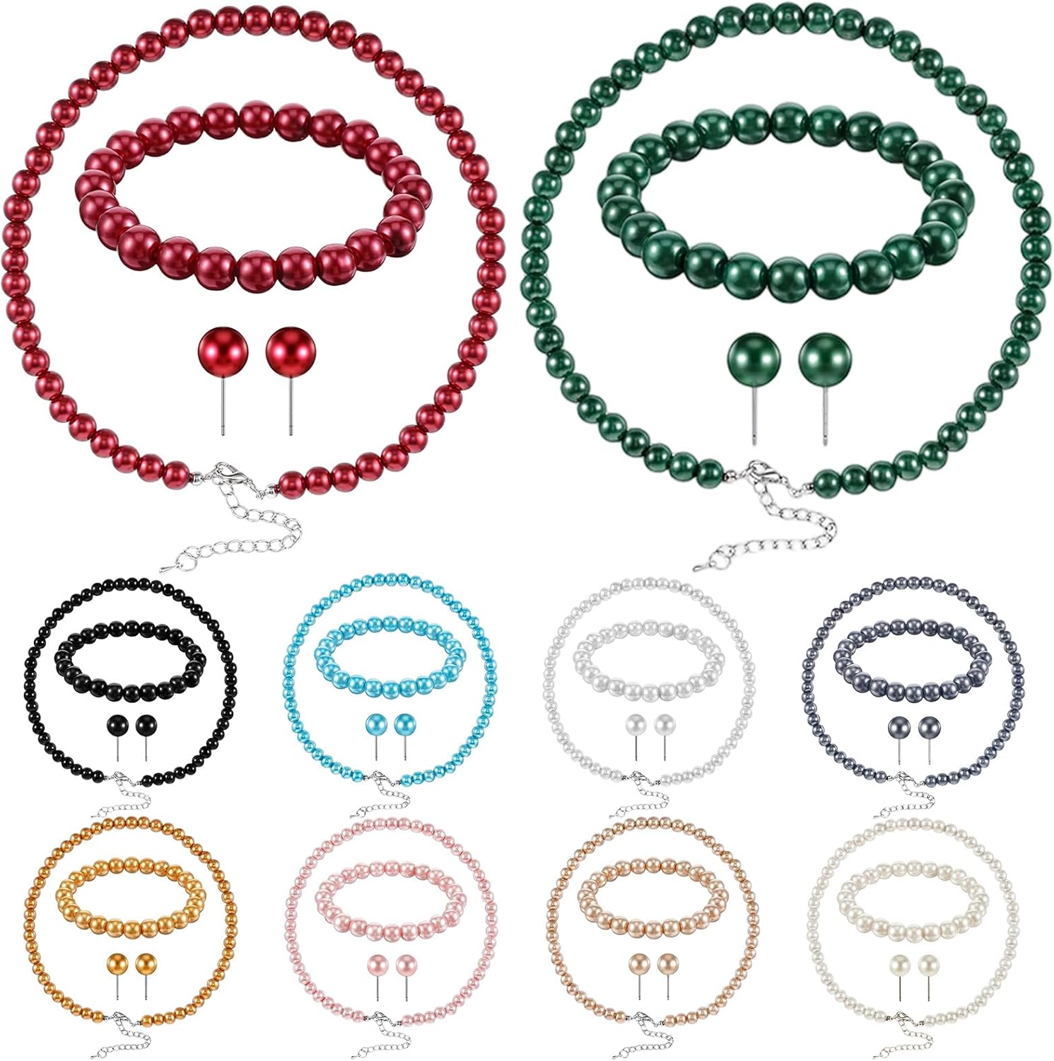 Set of 10 Faux Pearl Necklaces, Bracelets & Stud Earrings Jewelry Collection - 10mm Round Glass Simulated Pearls in Assorted Colors, Classic Costume Pearl Necklaces Gift for Women