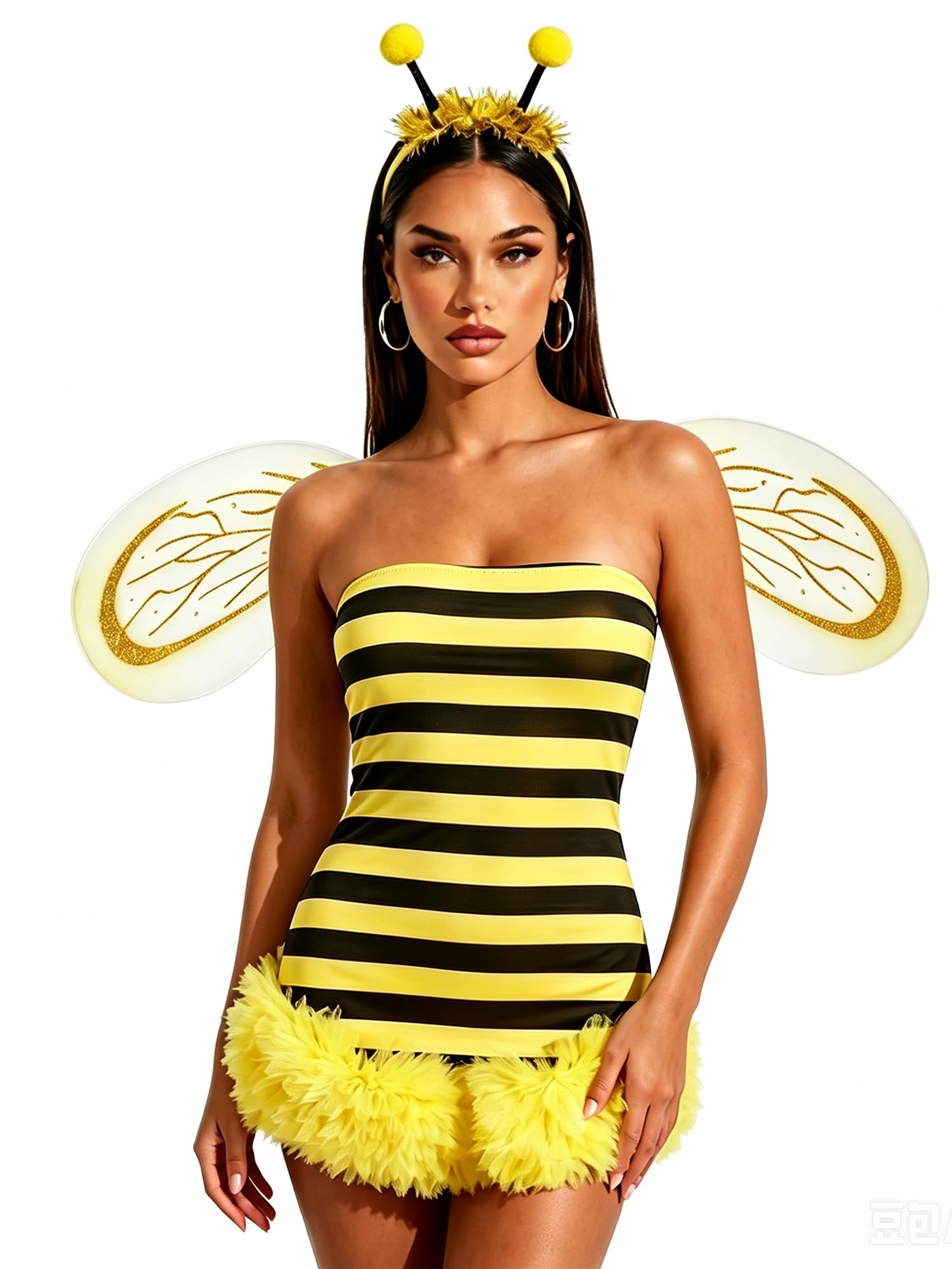 Springcmy Women Halloween Cosplay Costume Set Bee Dress Wings Party Roleplay Dress Up (F Yellow, L)