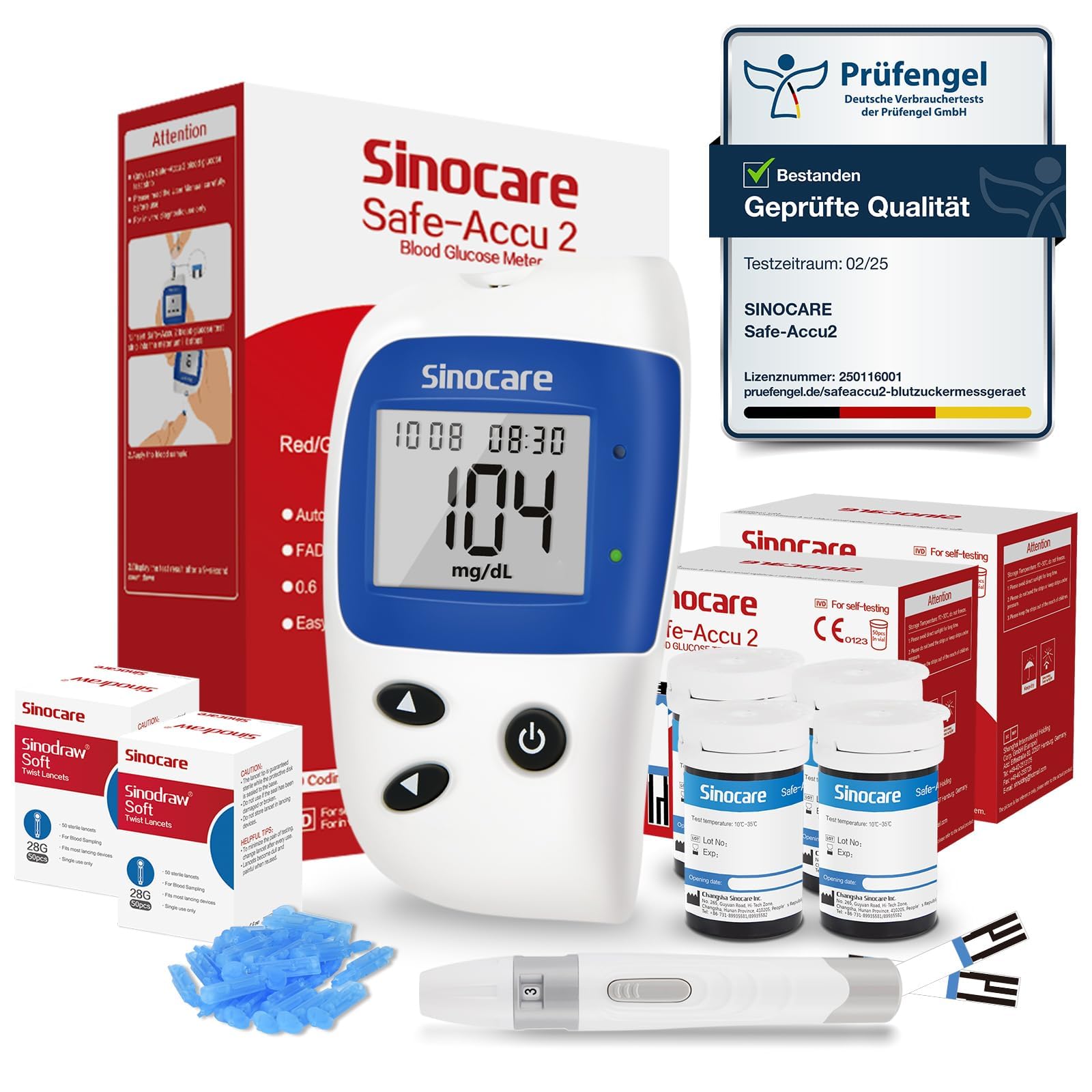 Sinocare Safe-Accu2 Blutzuckermessgerät mit 100 Teststreifen und 100 Lanzetten: Klinisch validiert, schmerzfrei, mit Alarmfunktion und mg/dL-Messung (Safe-Accu2 Messgerät Set 100)