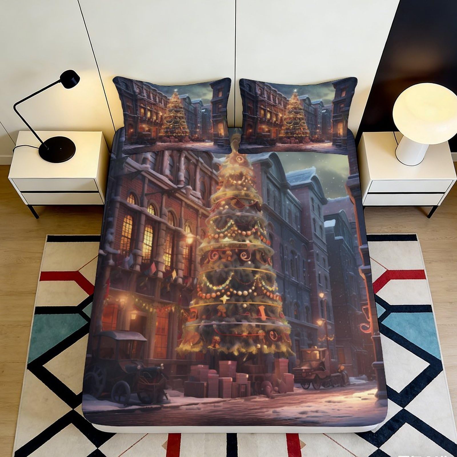 3D Printed Christmas Tree Scene Fitted Sheet Microfiber Deep Pocket Xmas City Mattress Fitted Cover Non-Slip Bedroom Bedding 140x200x25cm