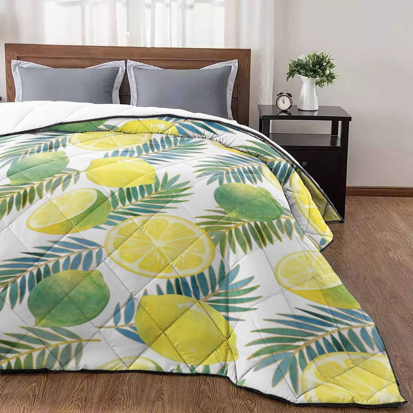 Summer Quilt Twin Luxury Quilted Comforter Bedspread-Thin Soft Cozy Blue Lemon Leaf Spring Fruit Reversible Stitched Lightweight Quilt Coverlet for All Season