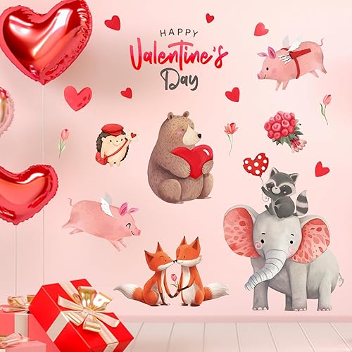 Miniatura 6 de Yovkky Calcomanías de pared para el día de San Valentín, diseño de animales de San Valentín, corazón rojo, flor romántica, decoración romántica para