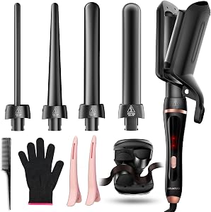 5 in 1 Curling Wand Set, Hair Curler with Waver Curling Iron Wand, Instant Heat Up Curling Iron with Interchangeable Ceramic Barrels (0.35"-1.25") Dual Voltage Hair Curler Birthday Gifts for Women