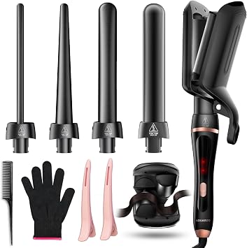 5 in 1 Curling Wand Set, Hair Curler with Waver Curling Iron Wand, Instant Heat Up Curling Iron with Interchangeable Ceramic Barrels 0.35"-1.25" Dual Voltage Hair Curler Birthday Gifts for Women
