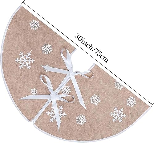 Miniatura 32 de MACTING Falda de árbol pequeño de Navidad, falda de árbol de arpillera roja de 23 pulgadas con copo de nieve blanco impreso para vacaciones, hogar