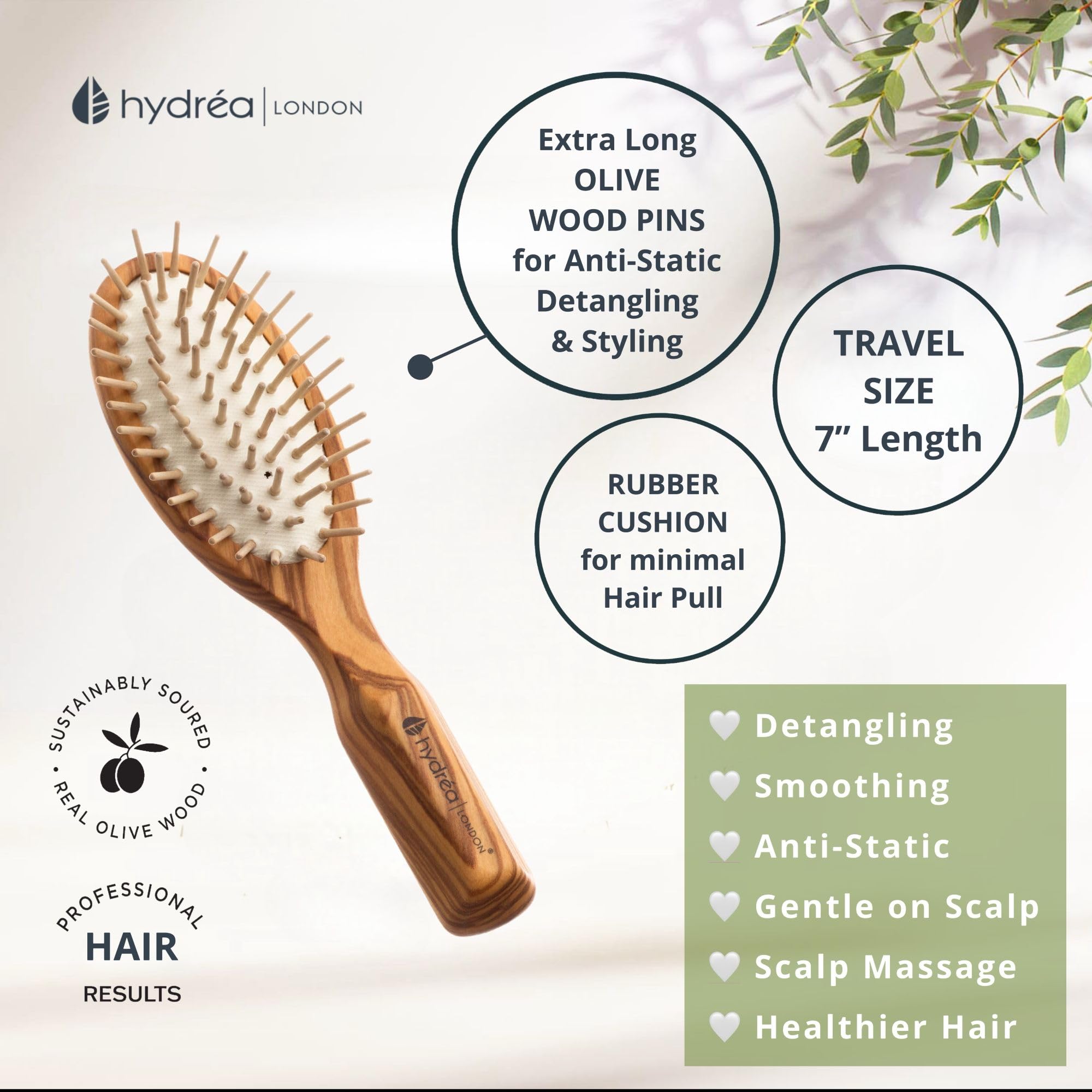 Olive Wood Antistatic Hair Brush with Olive Wood Teeth - Travel Size 17cm