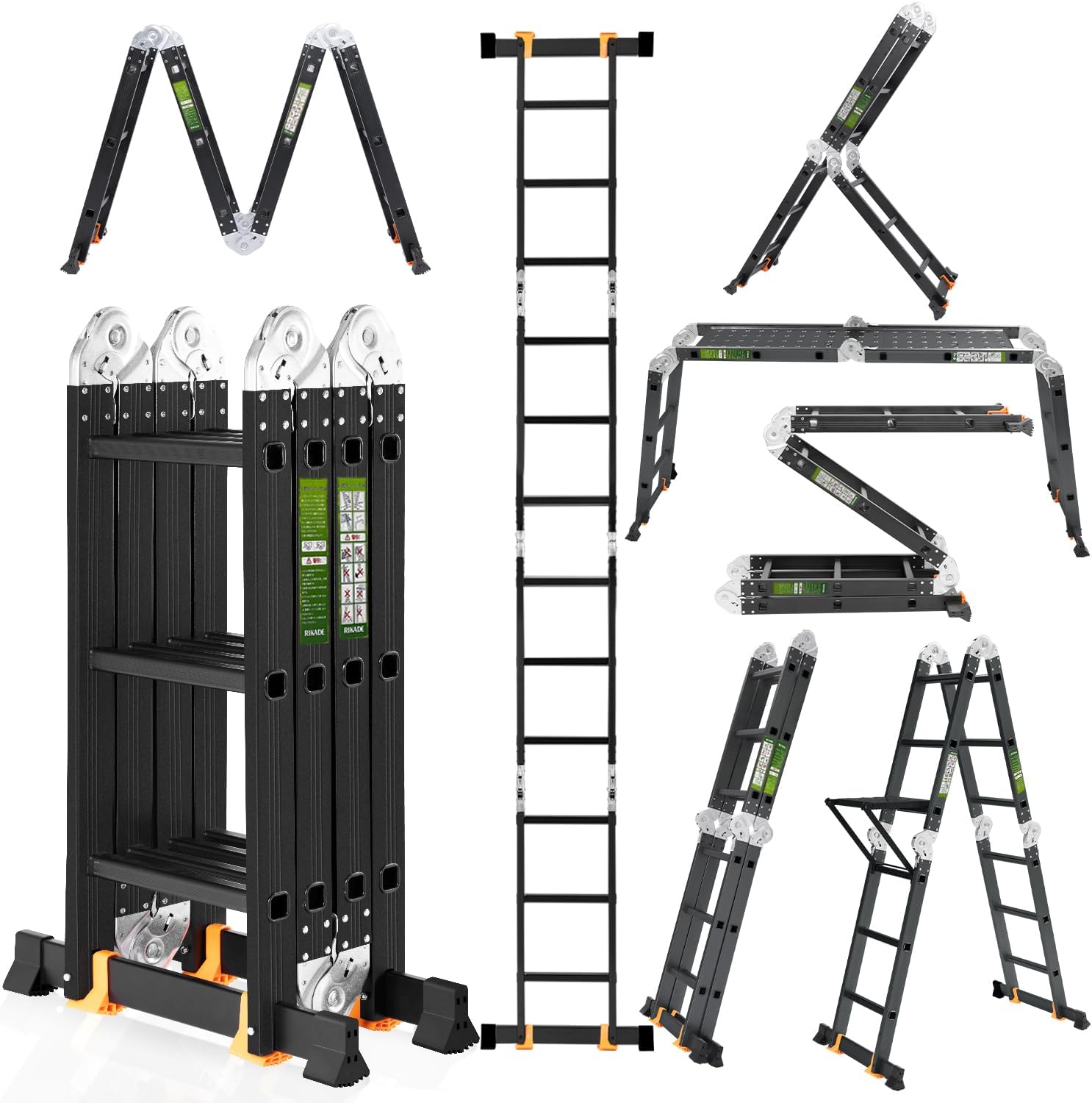 RIKADE 12.5FT Folding Ladder, 7-in-1 Multi Purpose Aluminium Ladder with Tool Tray, Platform Plates, Extension Step Ladder Heavy Duty Scaffold Ladder for Home Outdoor Work 330LBS Capacity