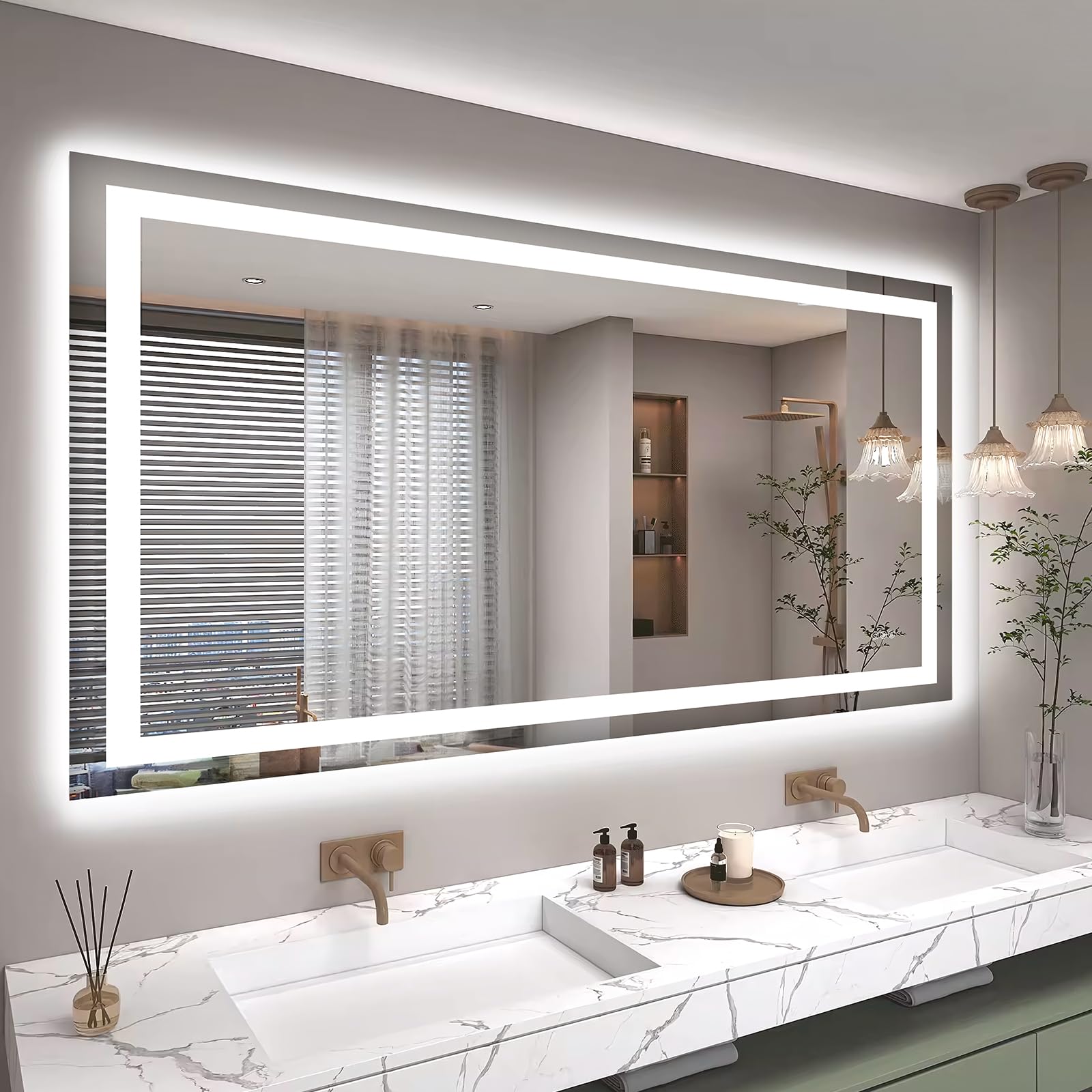 60x36 led bathroom mirror with lights, anti-fog, dimmable, backlit + front lit, smart bathroom vanity mirror, memory function, shatterproof, tempered glass (horizontal/vertical)