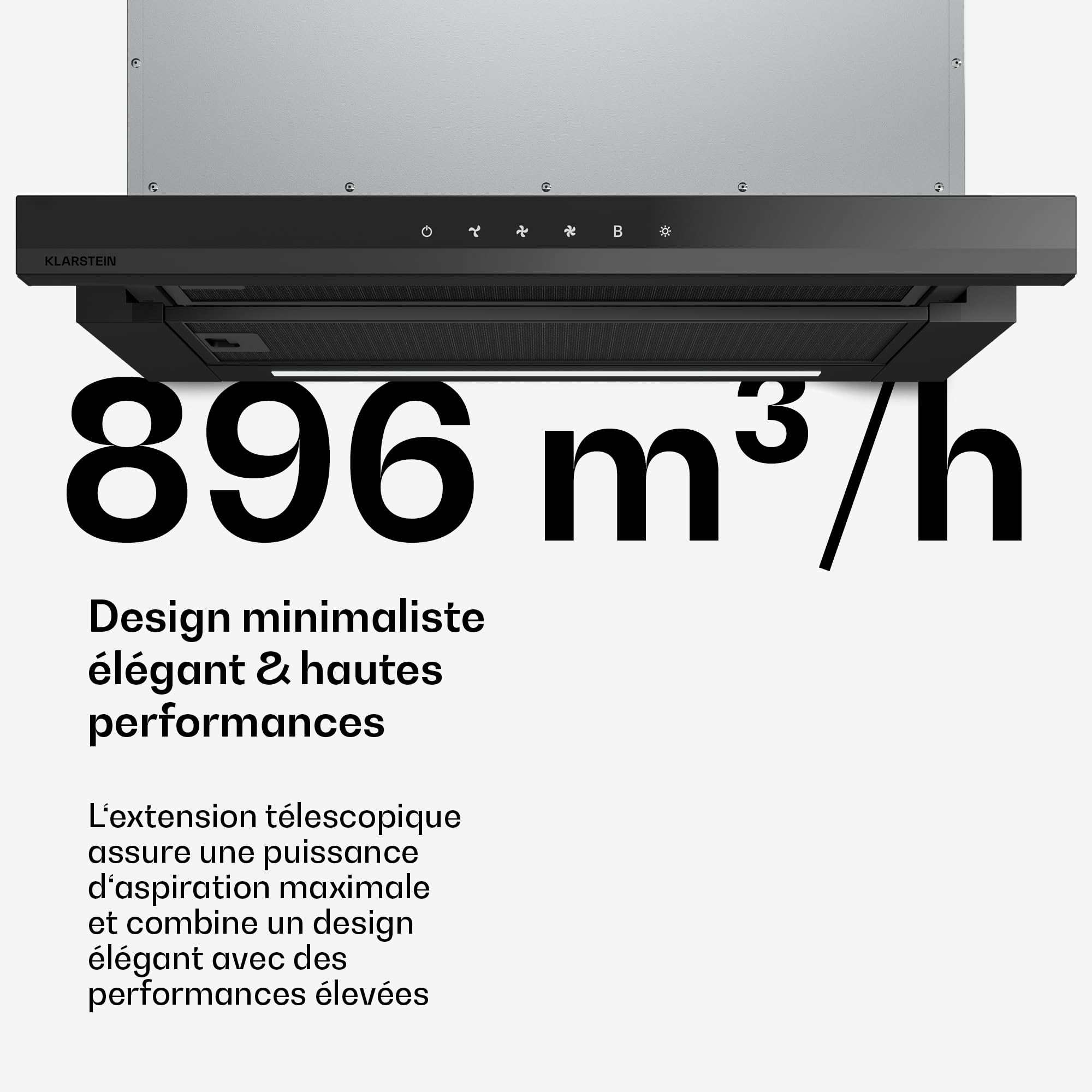 Klarstein Velaire Hotte Aspirante 60cm, Hotte à Tiroir Design, 896 m³/h, Classe A++, Commandes Tactiles, LED, Filtre Charbon, Silencieuse, Hotte Cuisine Aspirante, Noir