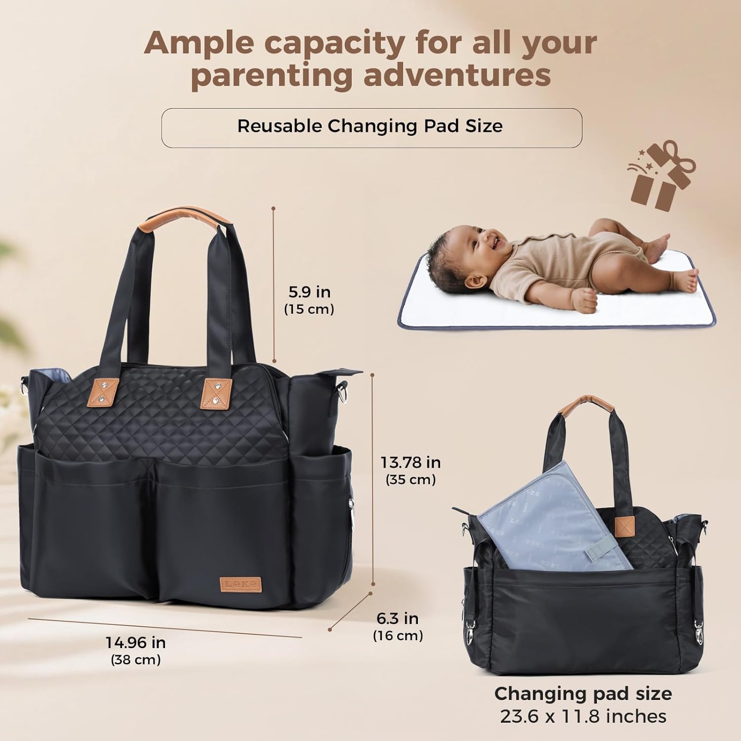 Lekebaby Diaper Bag Tote, Large Diaper Bags Waterproof,Large Mommy Bag Tote Bag Handbag Pink Travel, Black and Beige