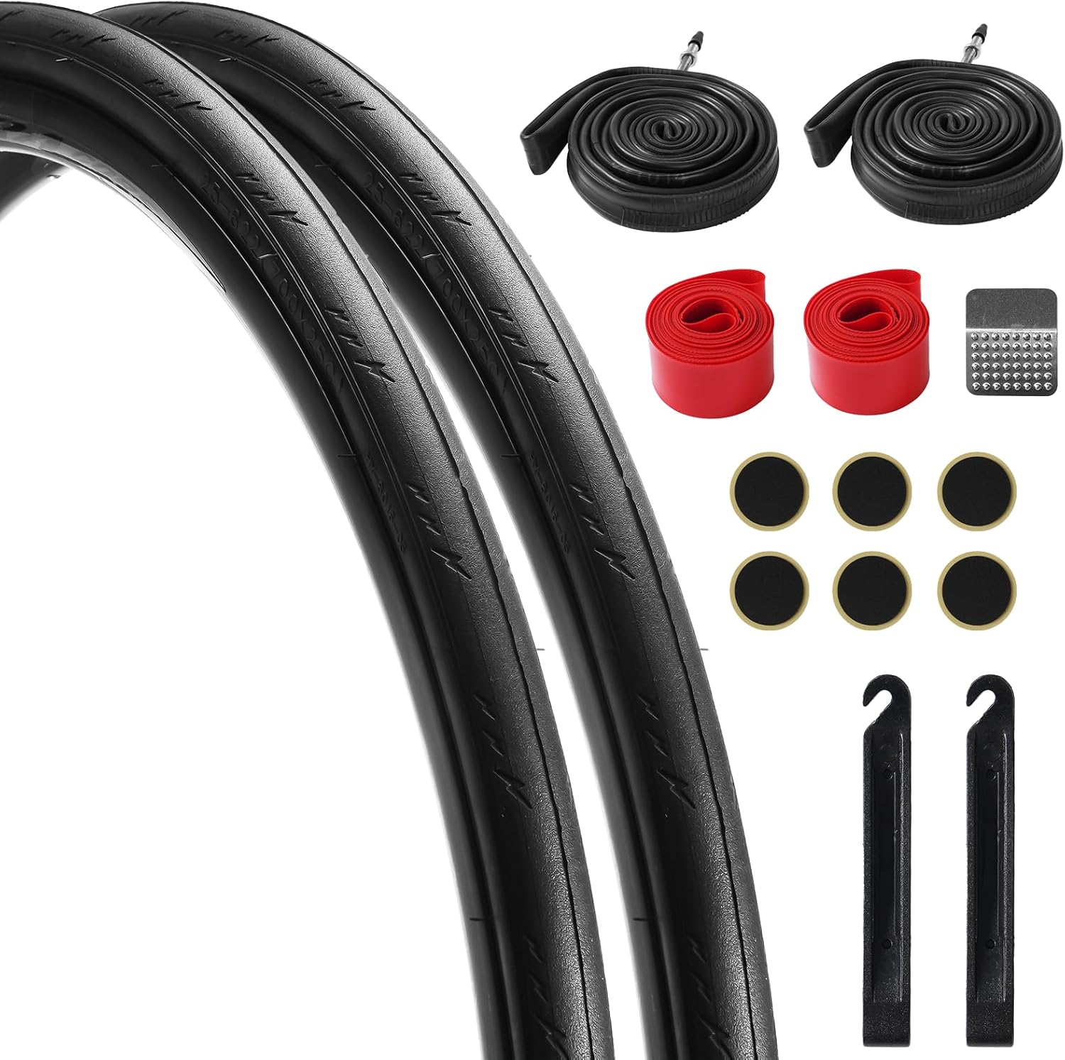 2Pcs 700x25c Tire, Road Bike Tires 700 x 25c & Inner Tubes Set FV 48mm with Repair Tool, Folding Replacement Road Tires (ETRTO 25-622), Puncture-Resistant Tires for City Road