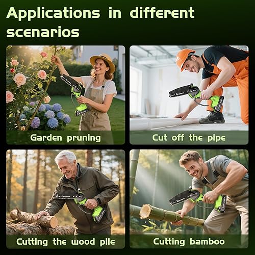 Miniatura 7 de hiyuehome Mini motosierra de 6 pulgadas, motosierra inalámbrica con engrasador automático, sierra de cadena eléctrica de mano con bloqueo de